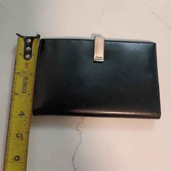 PRADA Double hook Bi fold Wallet Silver Hardware Unisex Leather Black - Picture 14 of 14